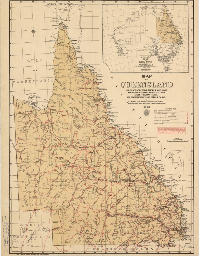 Stock routes and head stations, Queensland, 1892 Queensland
